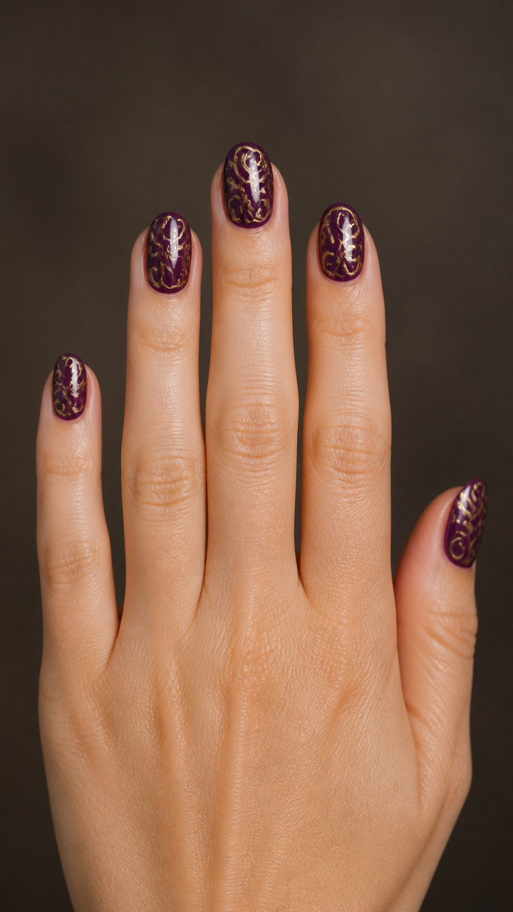 Deep Plum Base with Swirling Gold Lines