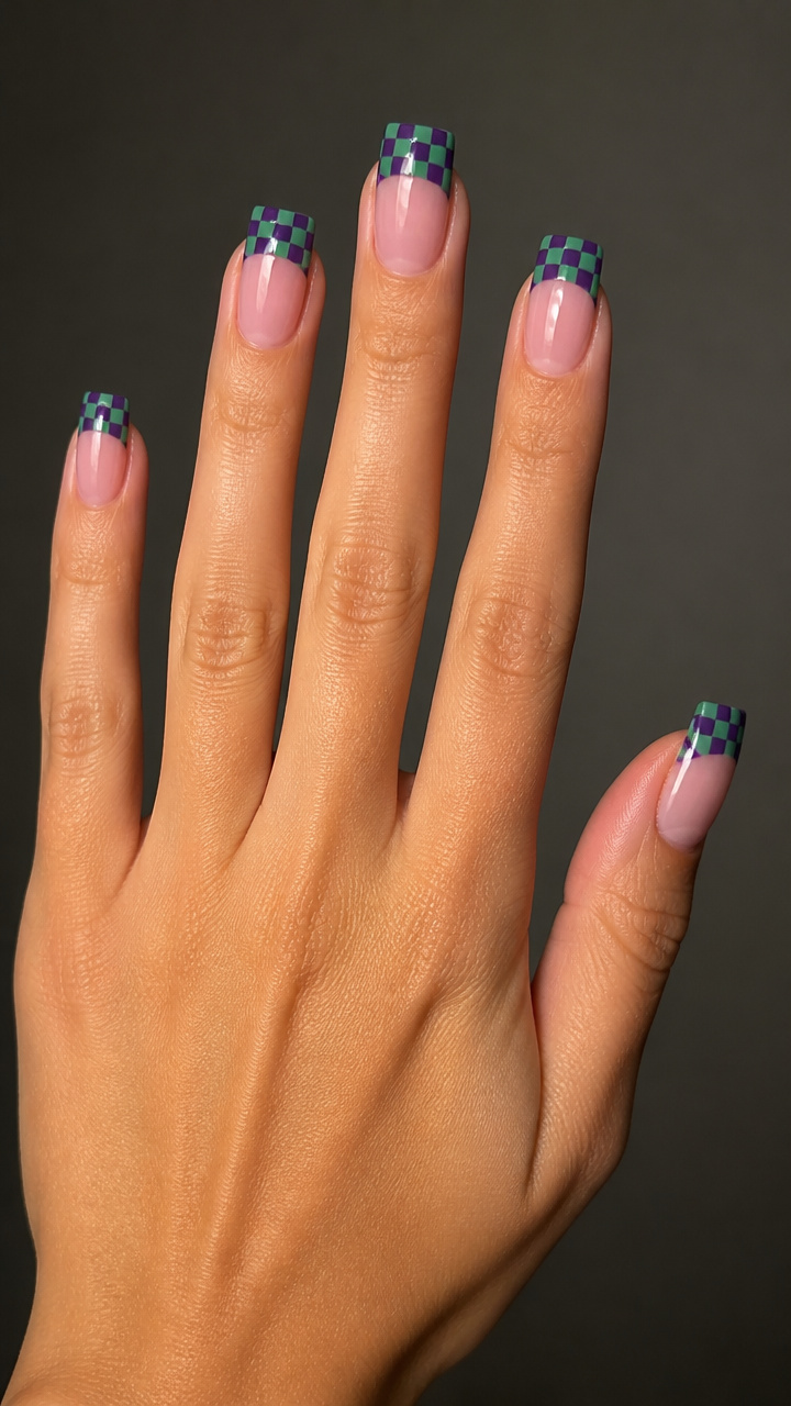 Checkerboard Tips in Purple and Green