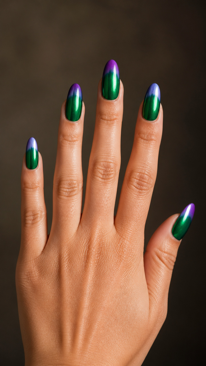 Glossy Emerald Chrome with Purple Ombre Tips