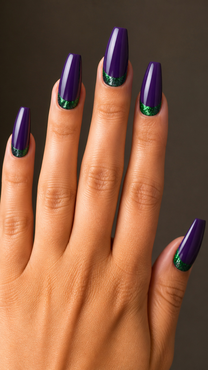 Coffin Nails with Green Glitter Half-Moons