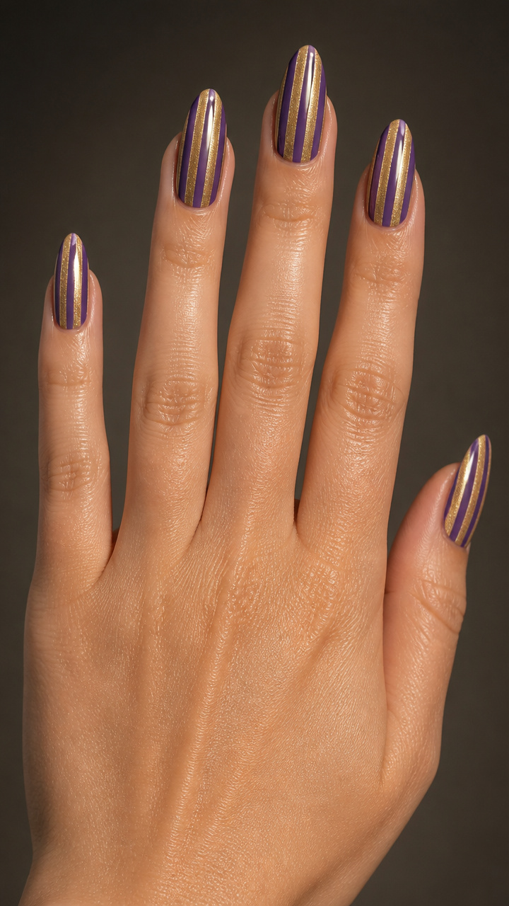 Purple and Gold Striped Almond Tips