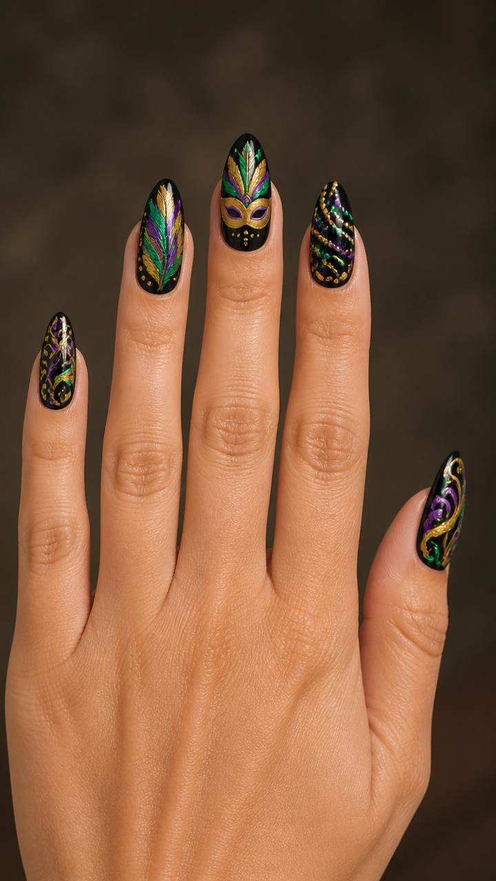 Black Base with Purple, Green and Gold Carnival Art
