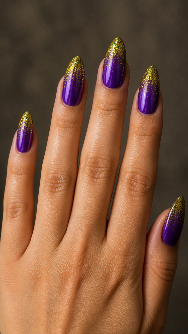 Purple Chrome with Green and Gold Micro Glitter Dip