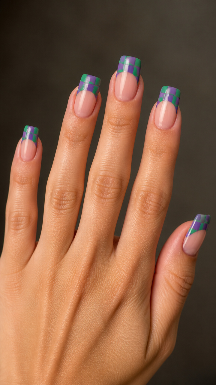 Square Nails with Checkerboard Purple and Green Tips