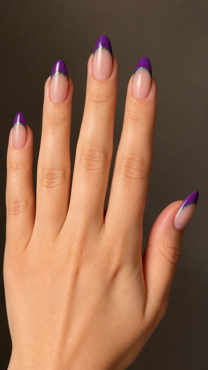 Purple French Tips with Green Glitter Lining