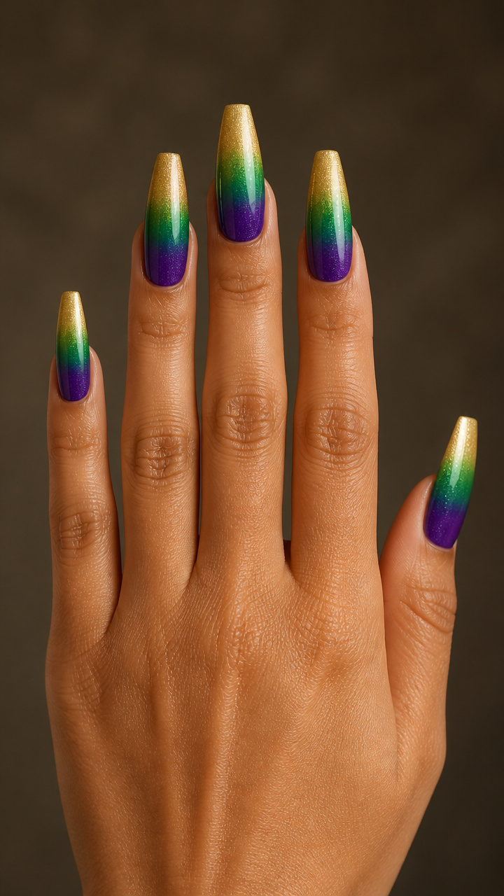 Ombre Coffin Nails: Gold to Green to Purple