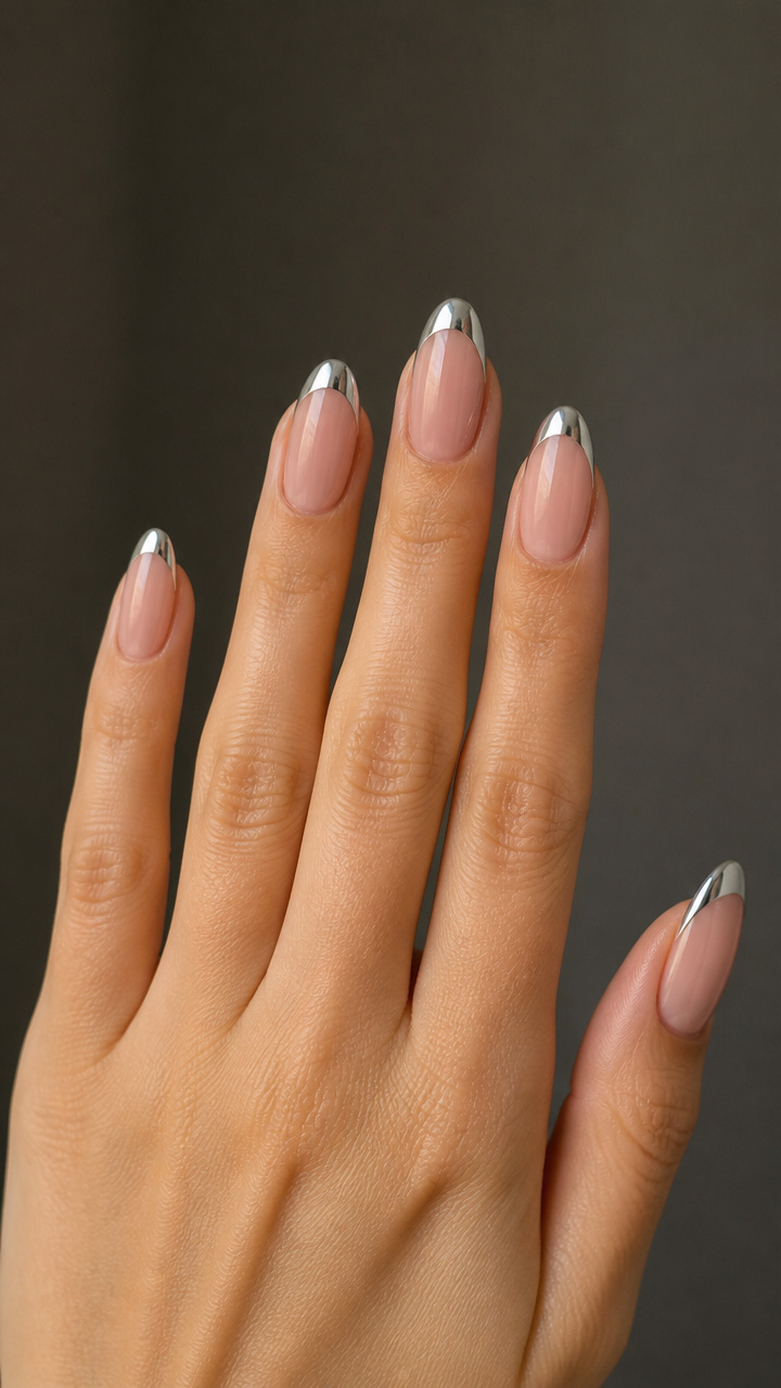 Frosted Almond French with Silver Chrome Tips