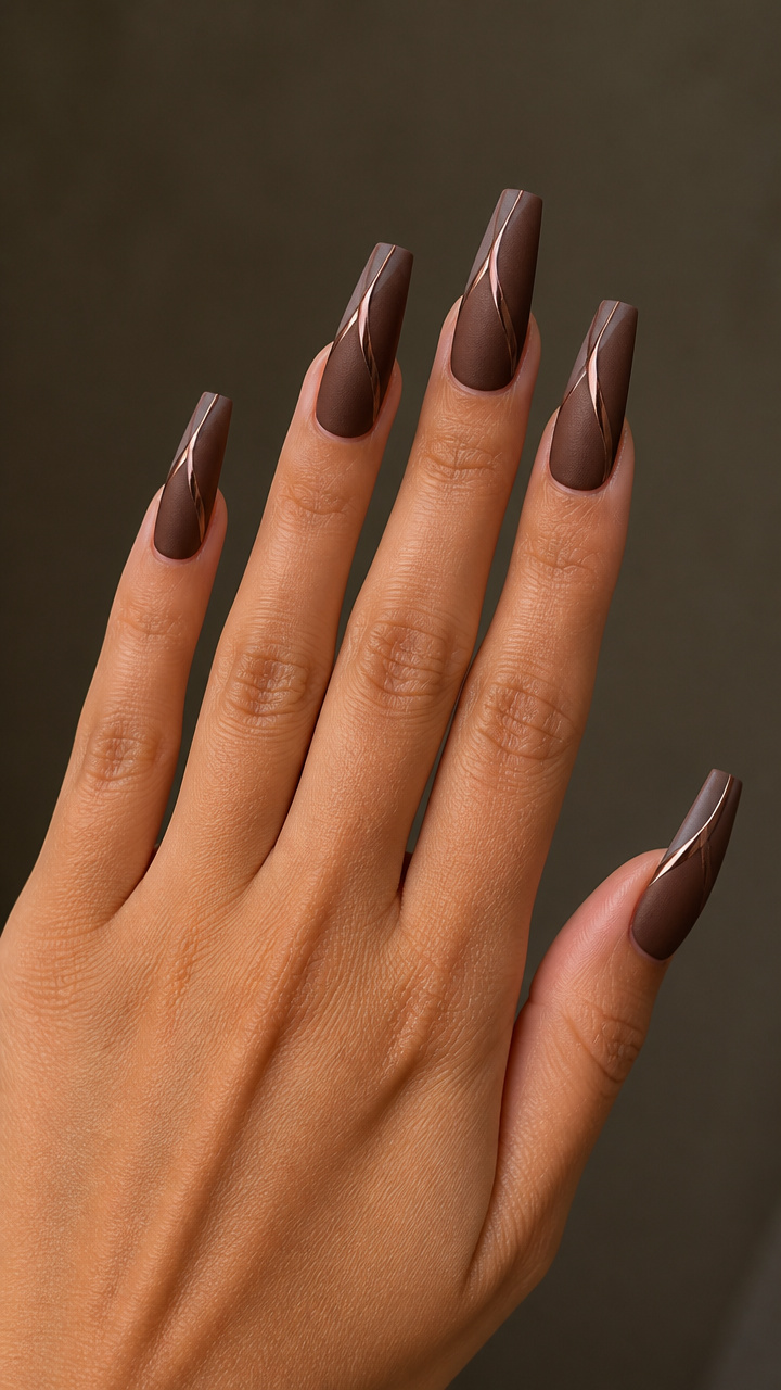 Mocha Brown Coffin Nails with Chrome Accent