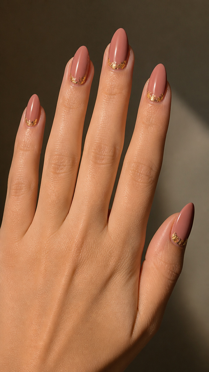 Rose Clay Nails with Gold Micro Foil Accents