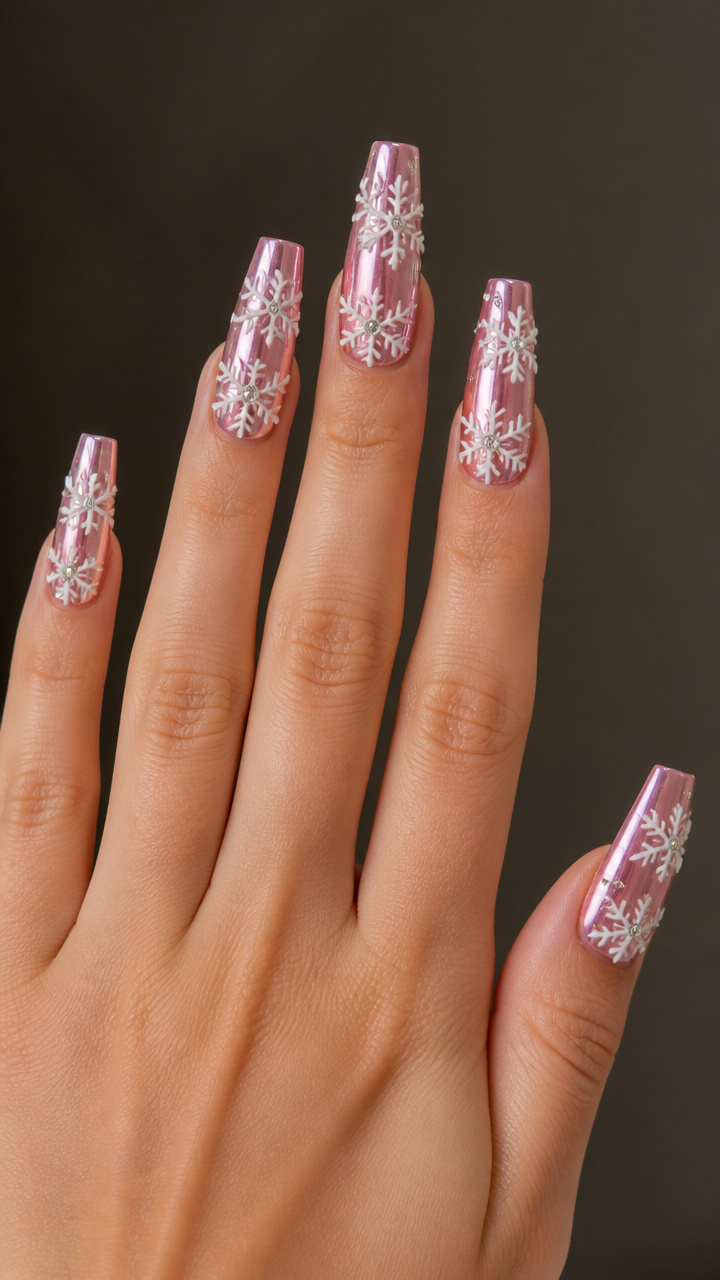 Candy Cane Pink Chrome with 3D Snow Crystals
