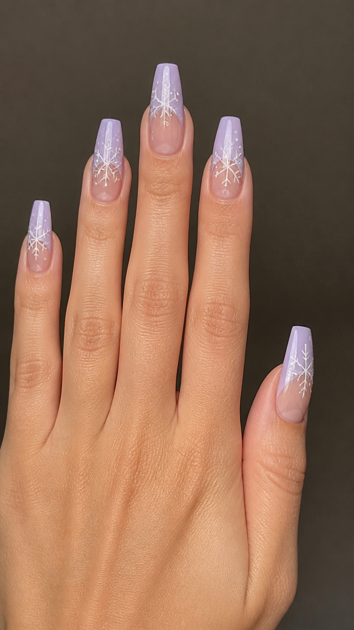 Icy Lavender Coffin Nails with Negative Space Snowflakes