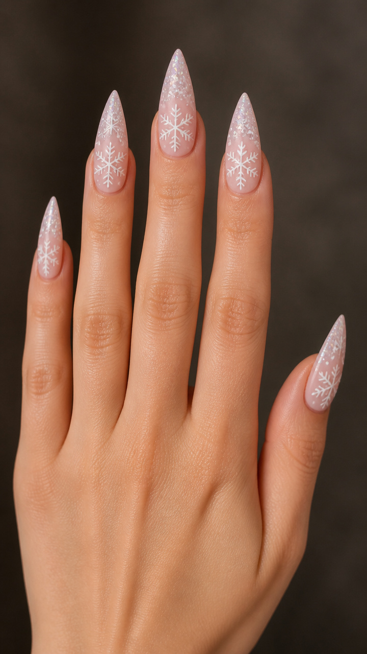 Rose Quartz Stiletto Nails with Holographic Snow Dust
