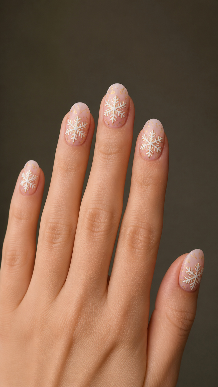 Milky Matte Pink Nails with Gold-Trimmed Snowflakes