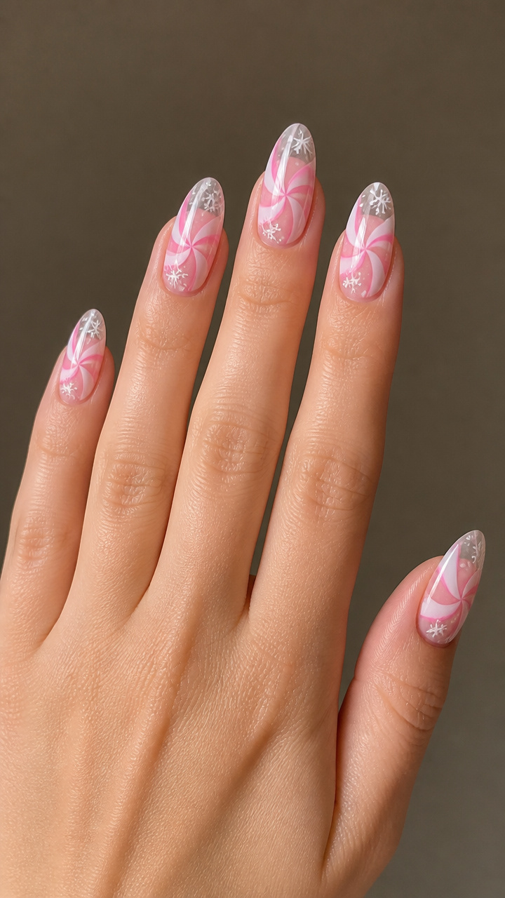 Peppermint Swirl Almond Nails with Floating Snowflakes