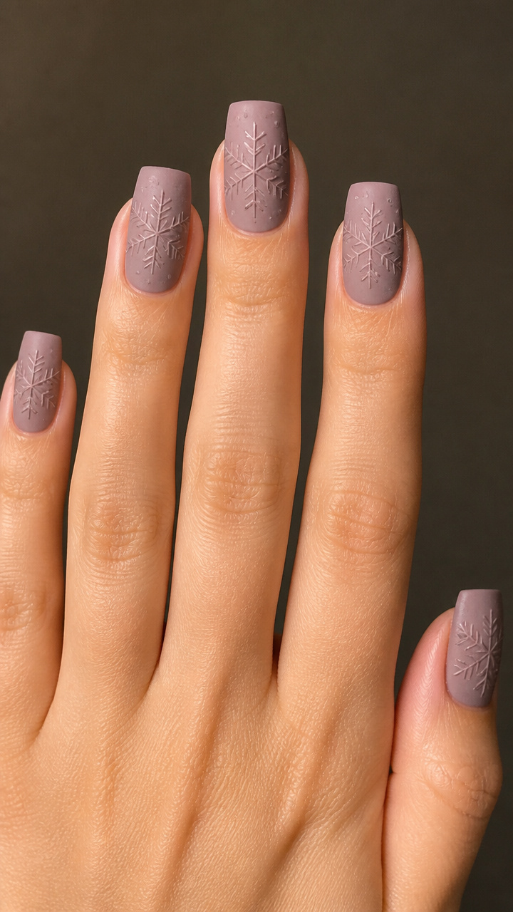 Dusty Mauve Square Nails with Etched Snowflake Texture