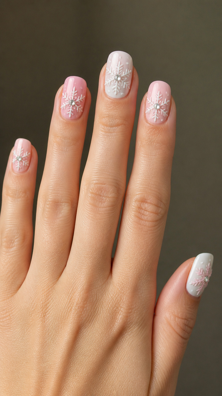 Winter Garden Party Nails with Rhinestone Snow Centers