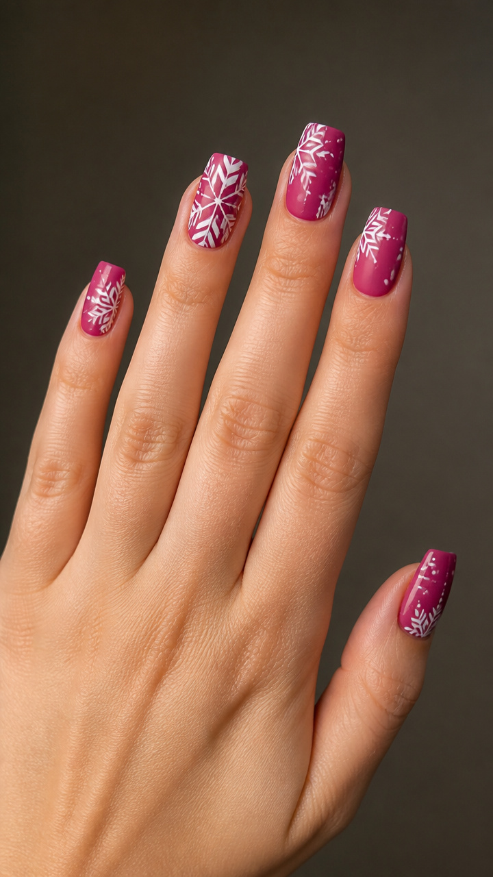 Frosted Berry Short Coffin Nails with Angular Snowflakes