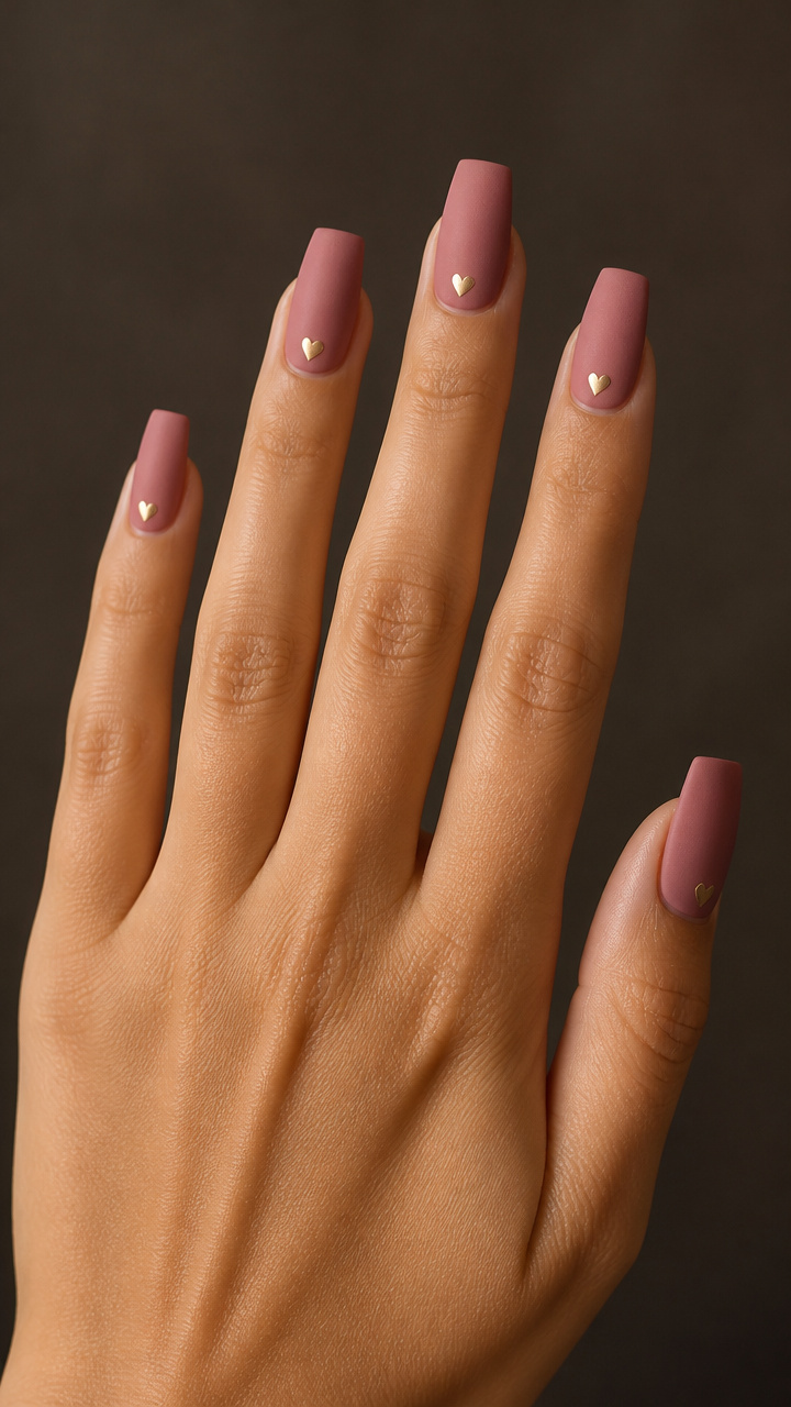 Matte Rose Square Nails with Gold Heart Accents