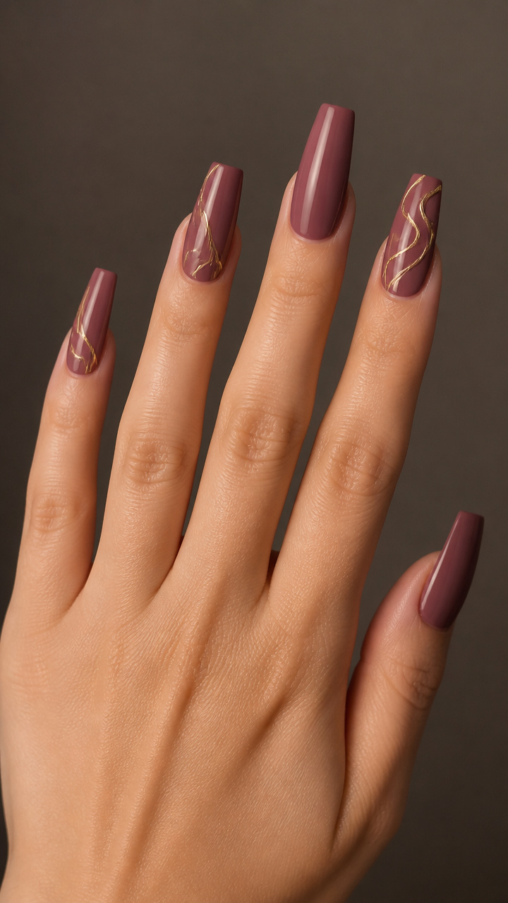 Mauve Coffin Nails with Abstract Gold Line Art