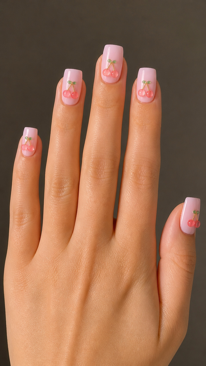 Pastel Pink Square Nails with Cherry Charms