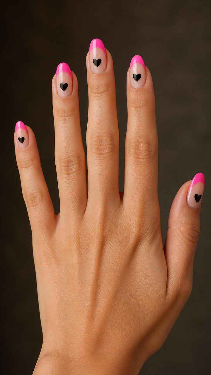 Bubblegum Pink Tips with Matte Black Hearts