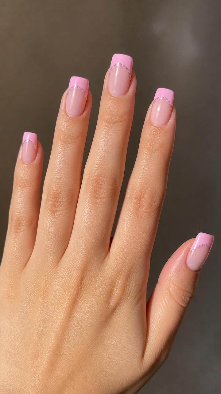 Sheer Bubblegum Tips with Glitter Smile Line