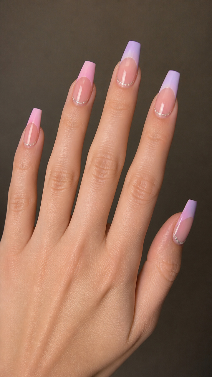 Pastel Gradient French with Rhinestone Smiles