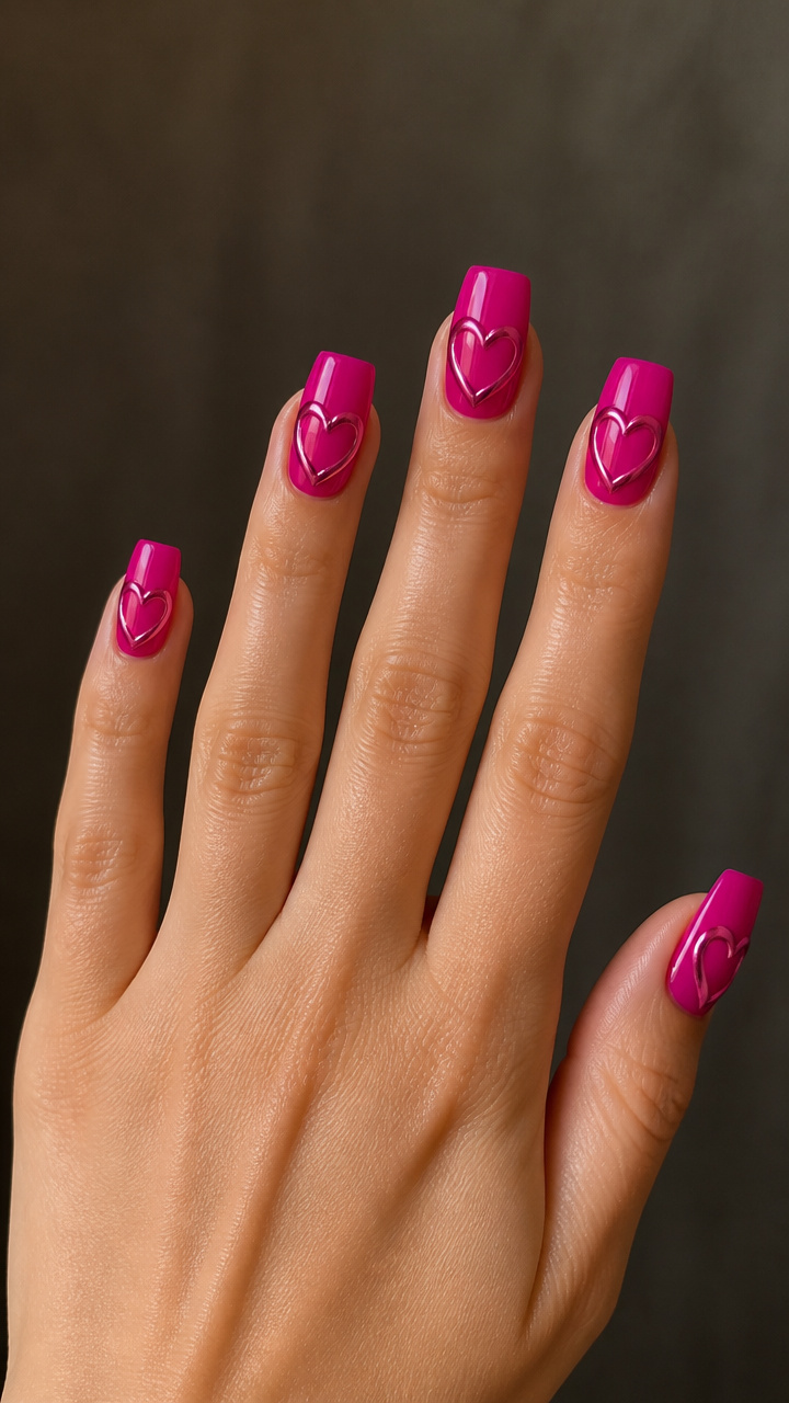 Hot Pink Chrome Hearts on Square Nails