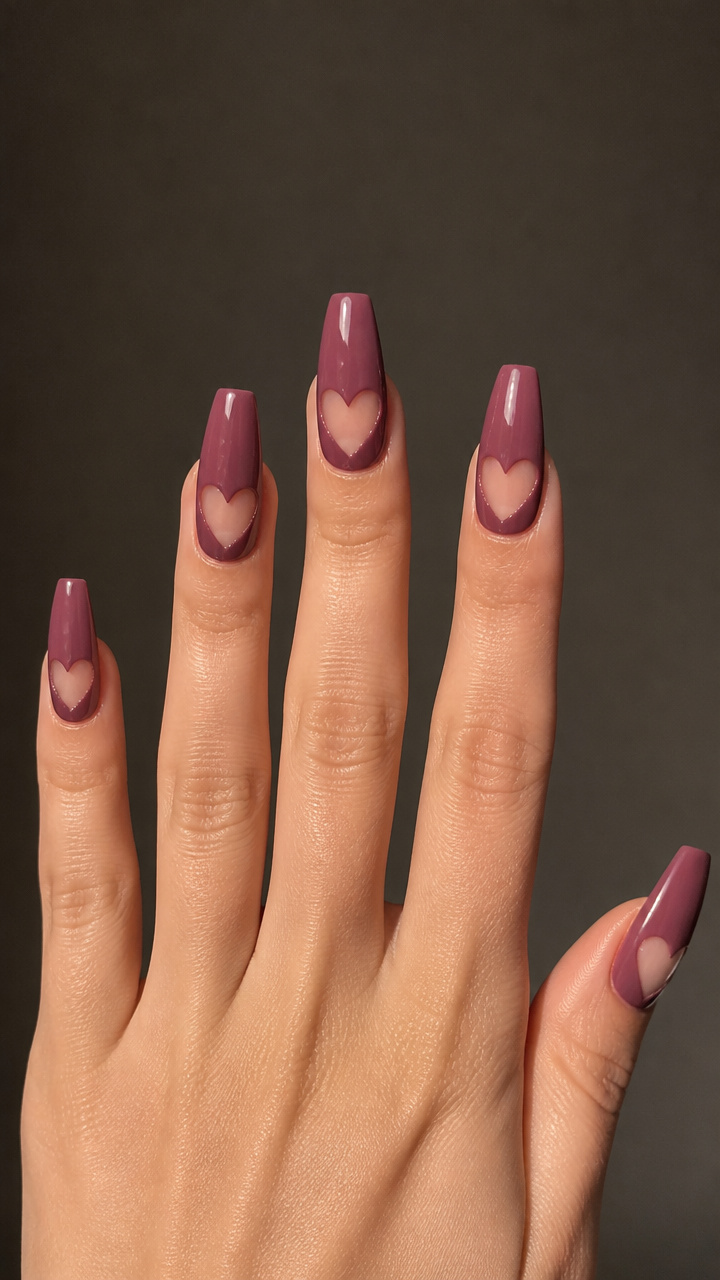 Mauve Coffin Nails with Negative Space Hearts