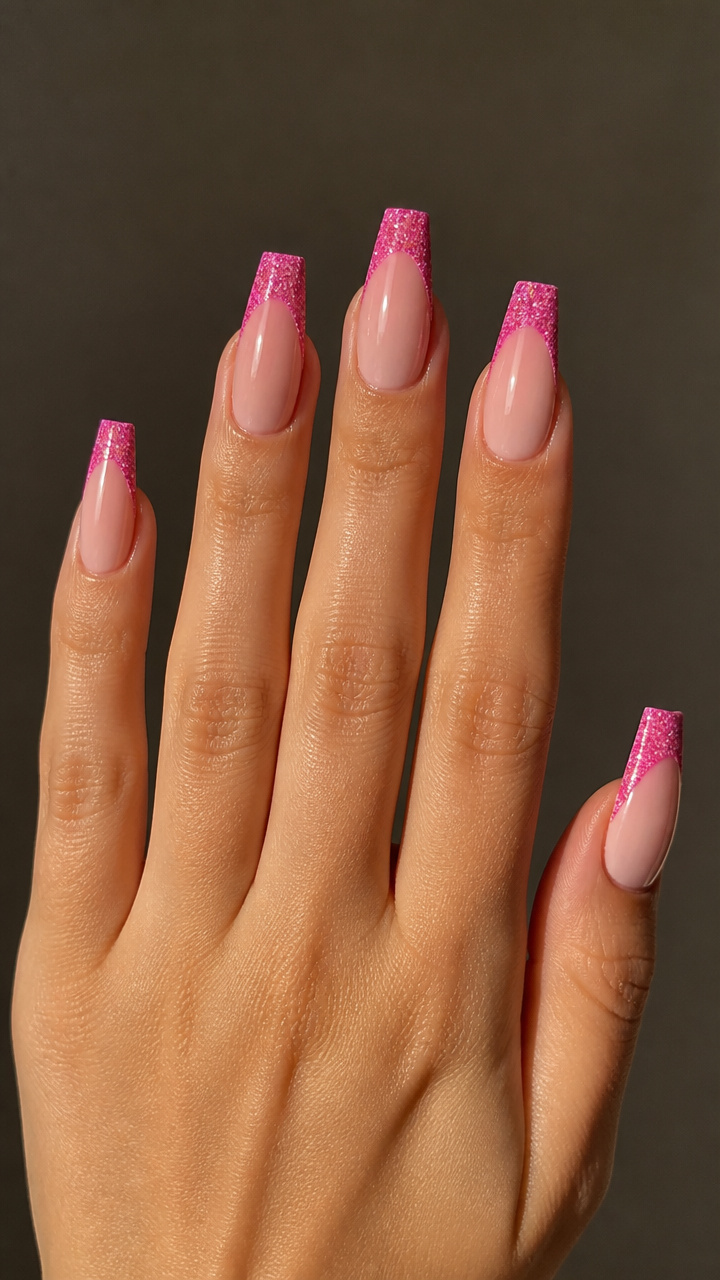 Coffin Nails with Pink Glitter French Tips
