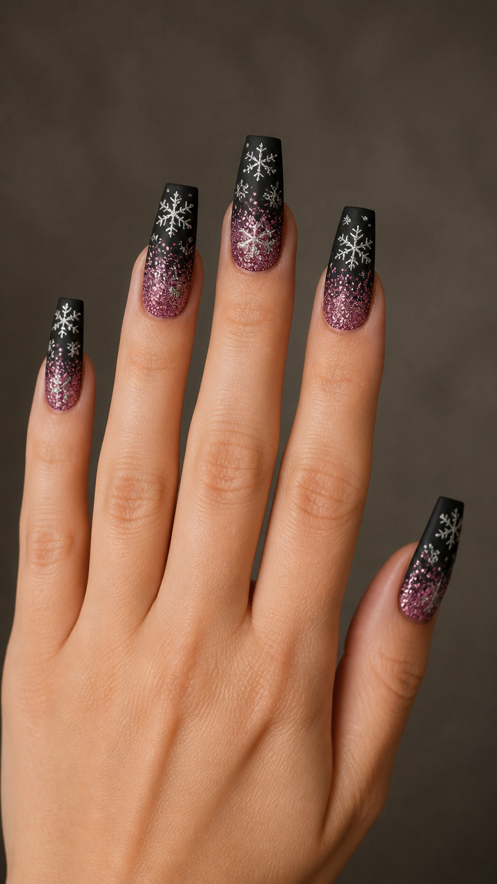 Glitter Gradient Pink Coffin Nails with Chrome Snowflakes