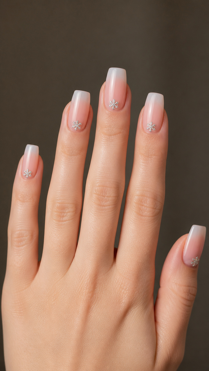 Soft Ombré Square Nails with Tiny Silver Snowflake Studs