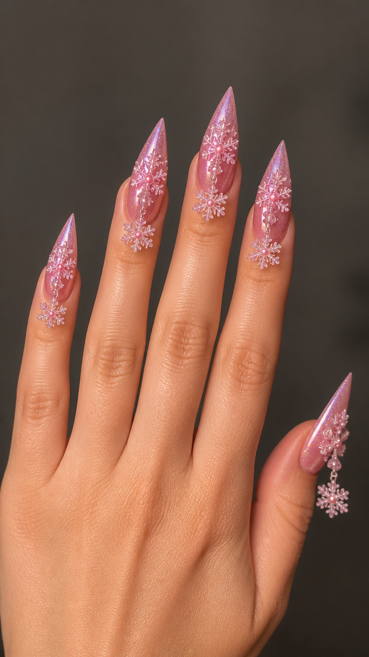 Icy Pink Stiletto Nails with 3D Snowflake Embellishments