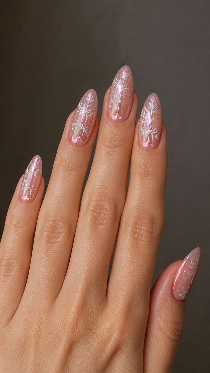 Pink Chrome Moon Nails with Snowflake Linework