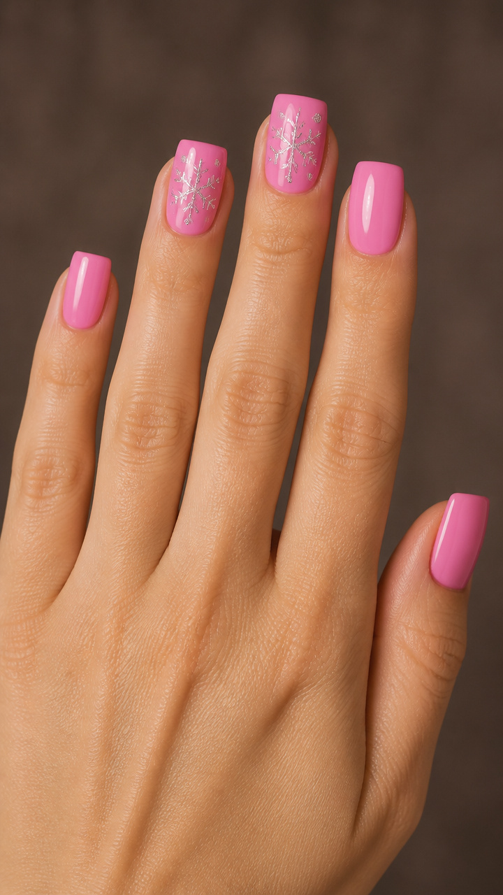 Candy Pink Square Nails with Snowflake Foil Accents