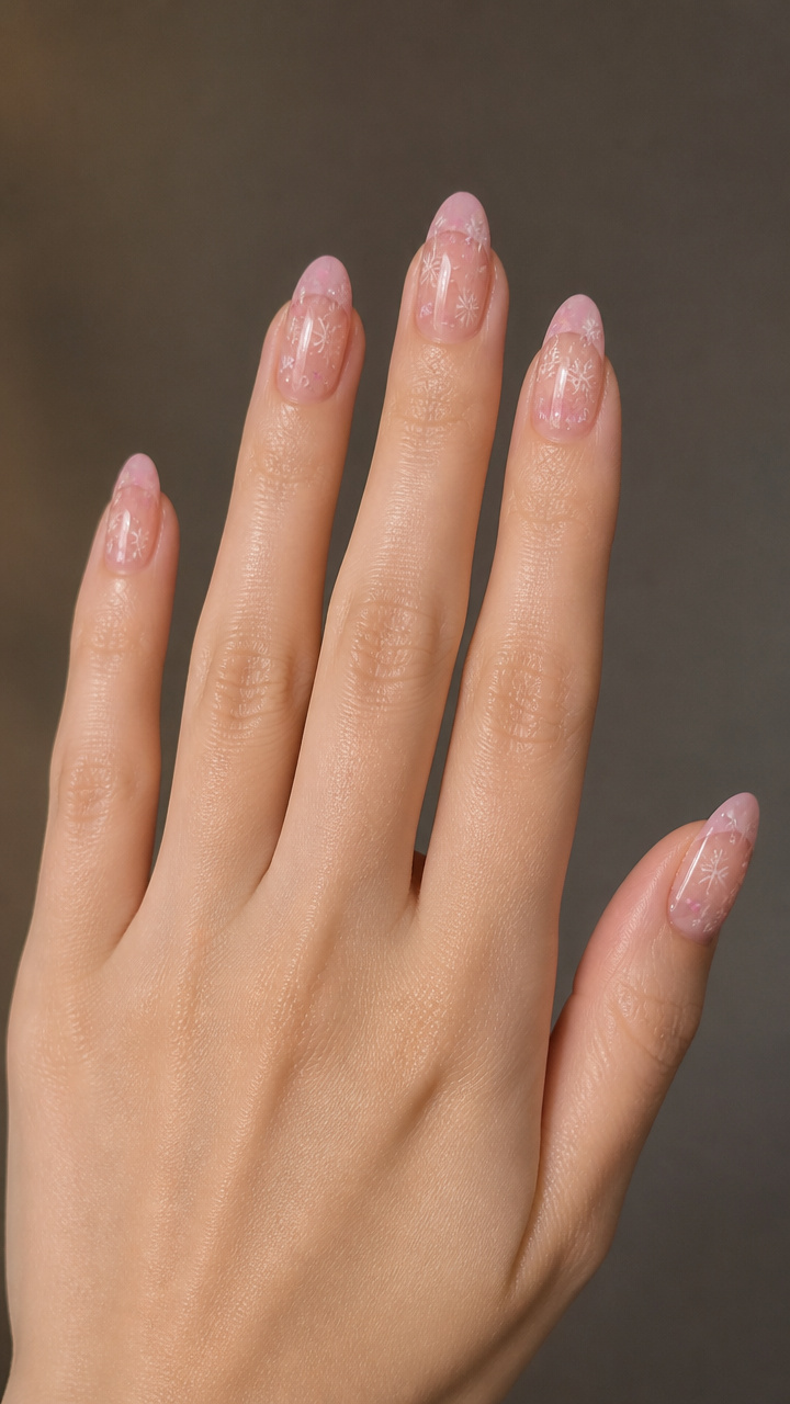 Sheer Pink Tips with Floating Snowflake Inlays