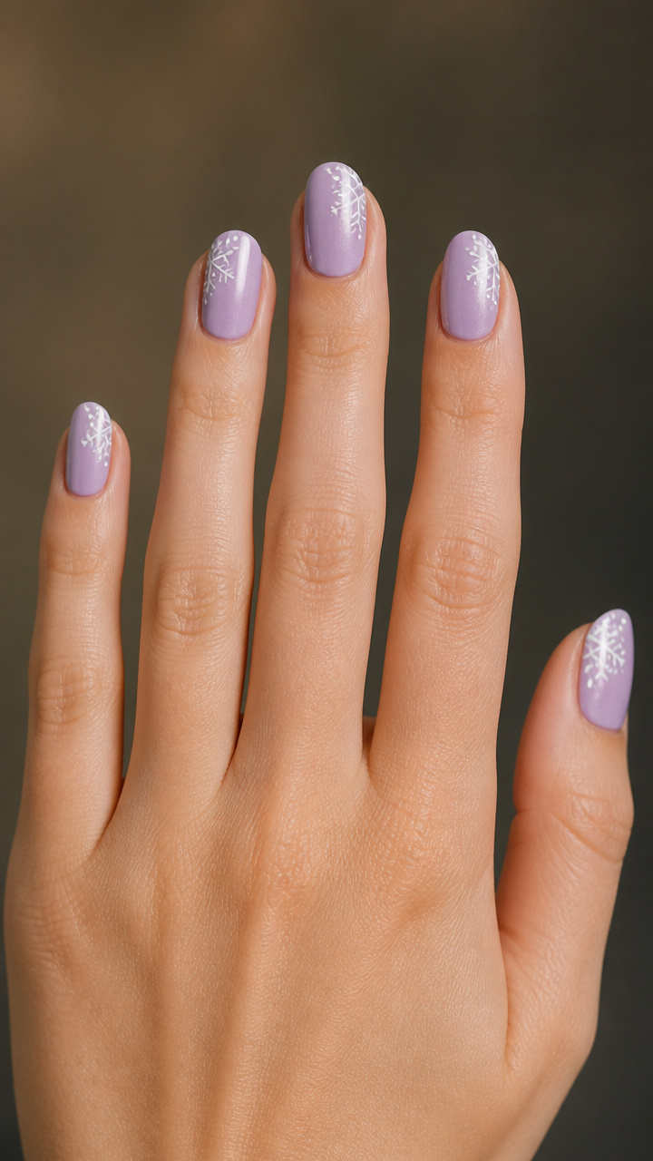 Pale Lilac-Pink Nails with Minimalist Snowflake Corners