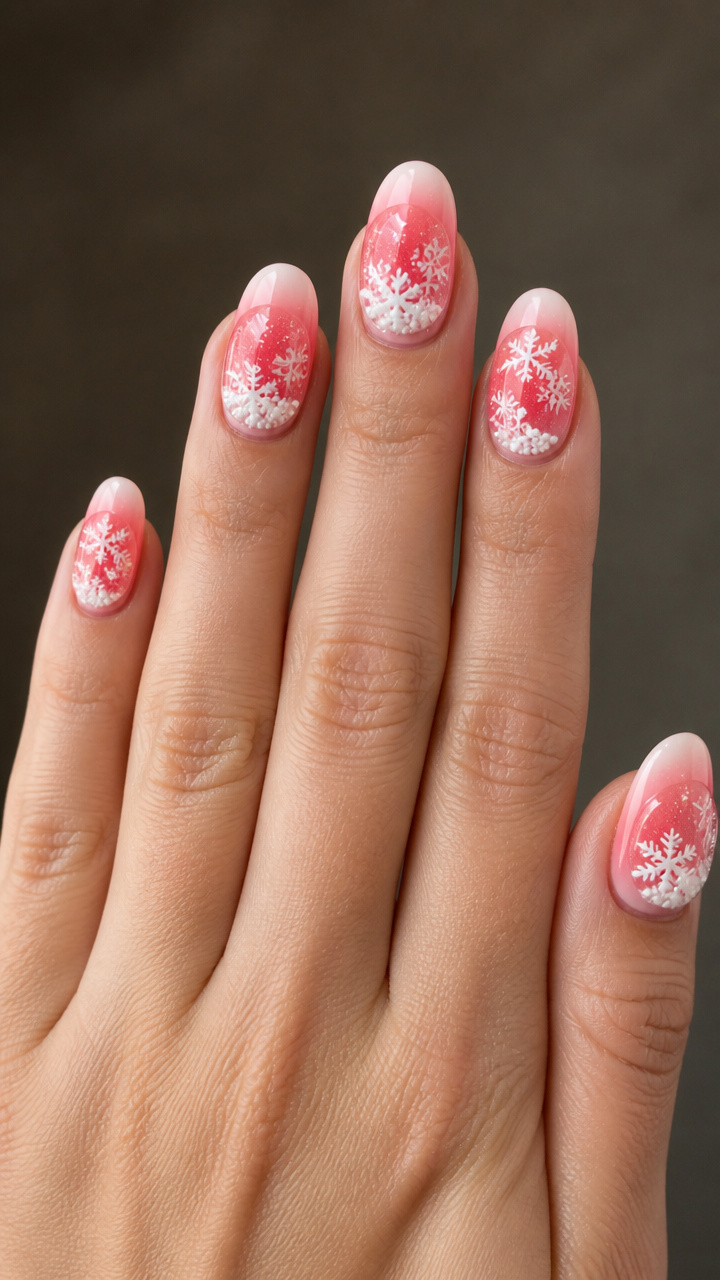 Pink Ombre Snow Globe Nails with Moving Flakes