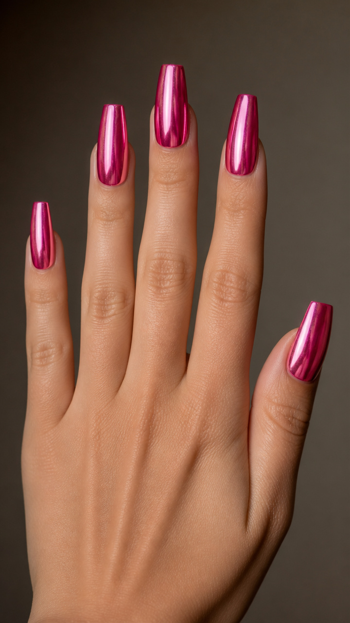 Hot Pink Chrome Coffin Nails