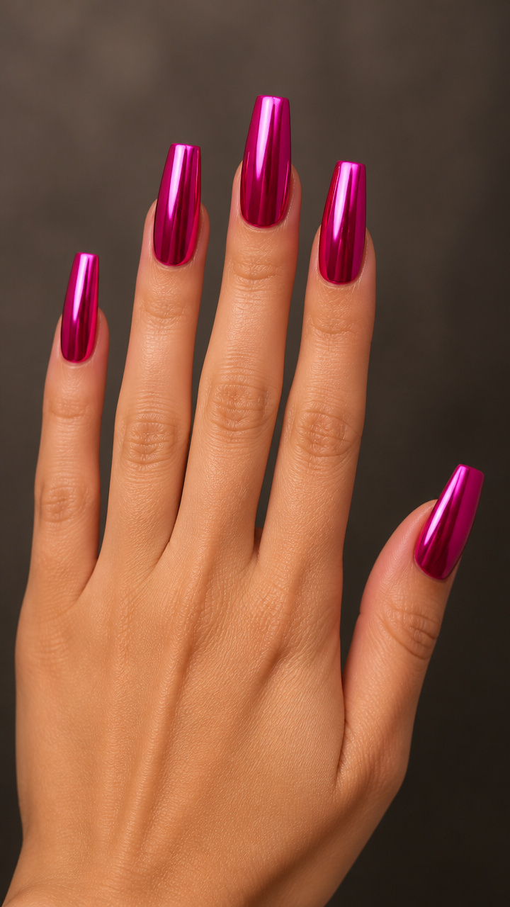 Hot Pink Chrome Coffin Nails