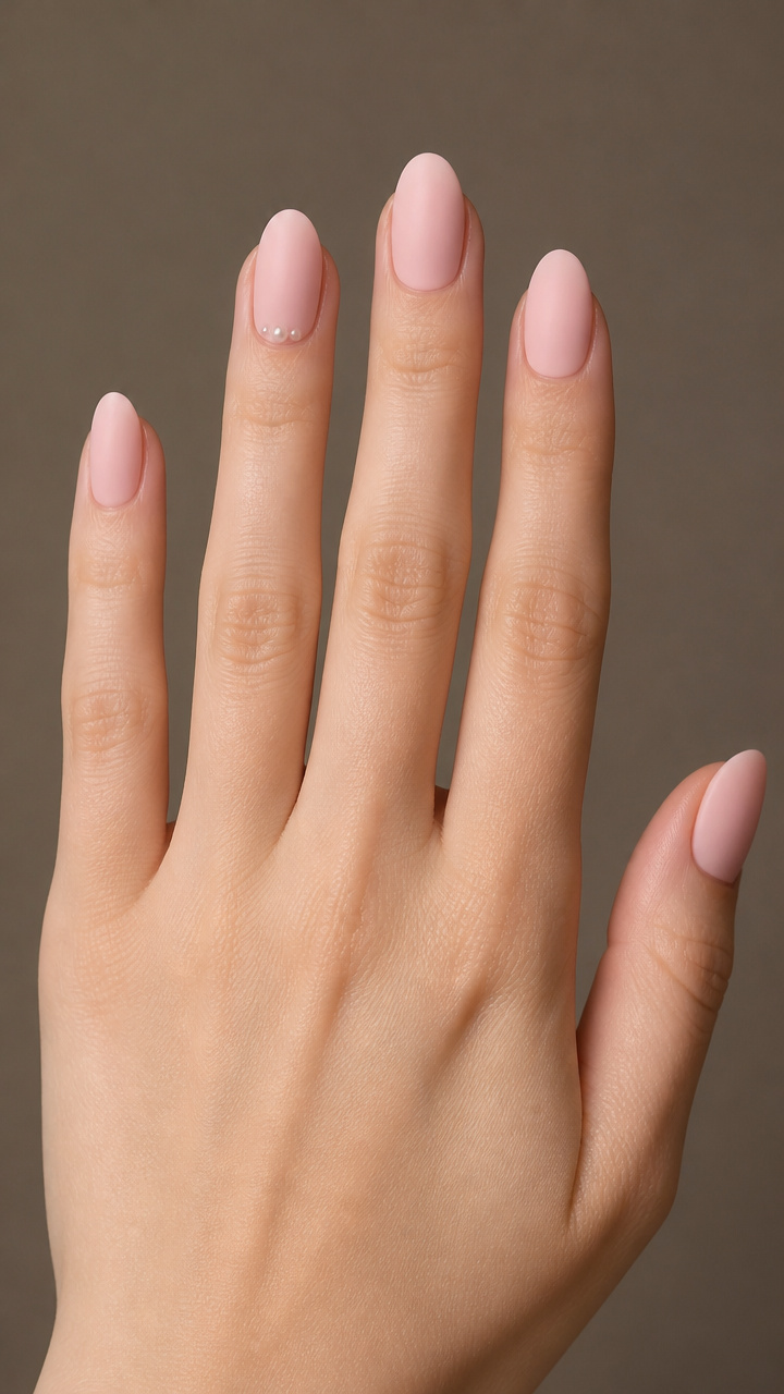 Milky Pink Matte Manicure with Tiny Pearl Stickers