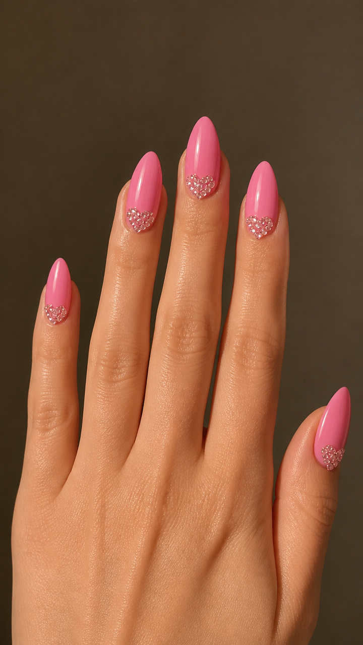 Glossy Bubblegum Pink with Rhinestone Hearts