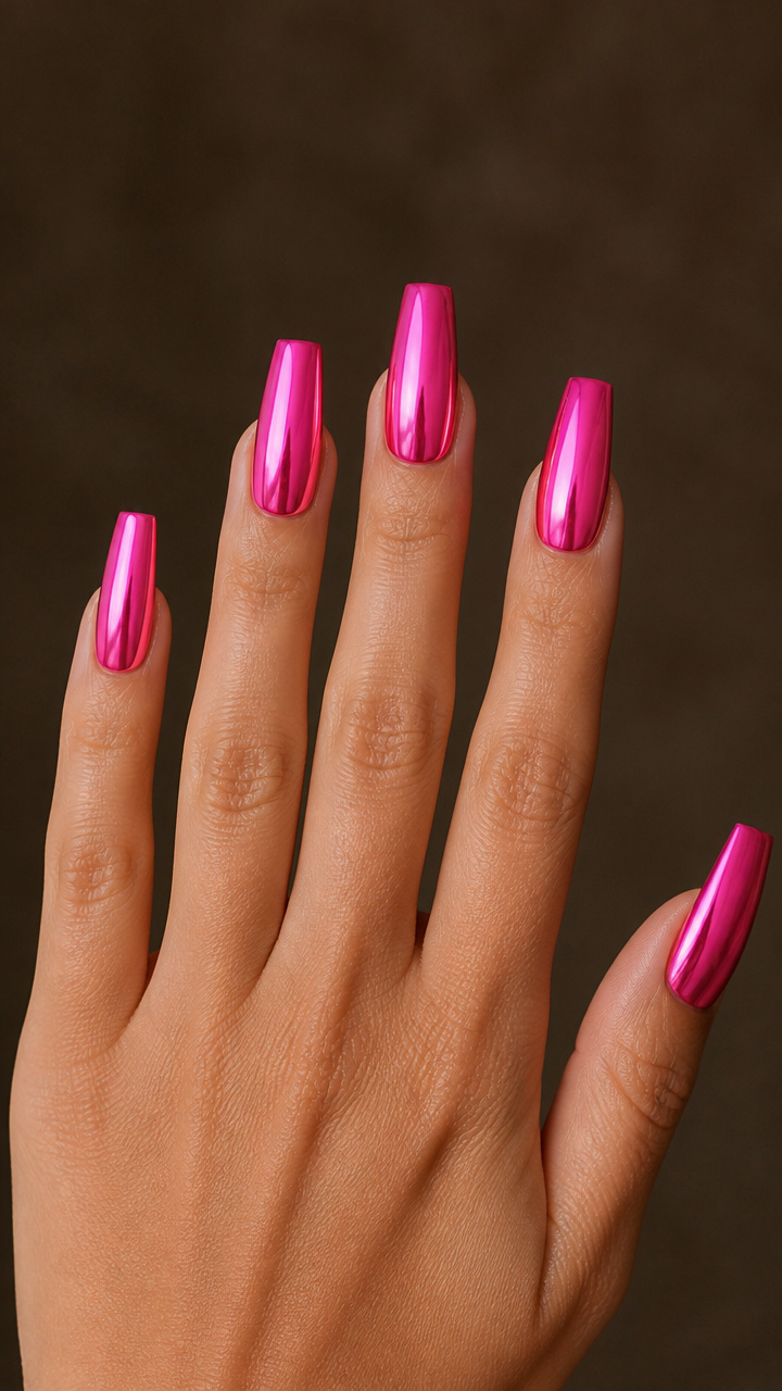 Hot Pink Chrome Coffin Nails