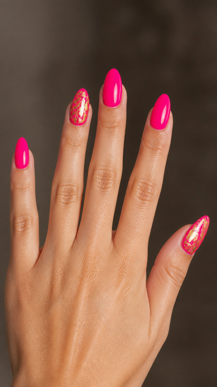 Hot Pink and Gold Foil Accent Nails