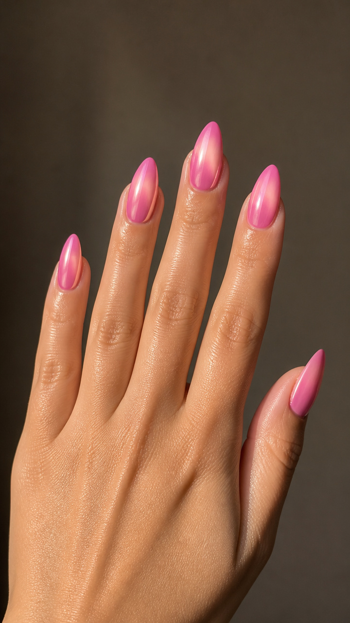 Candy Pink Chrome Ombré Almond Nails