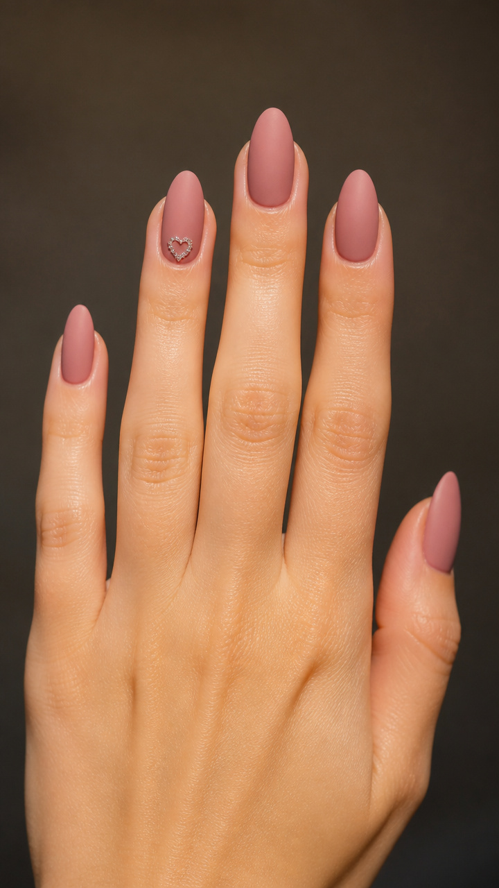 Dusty Rose Almond Nails with Tiny Rhinestone Hearts