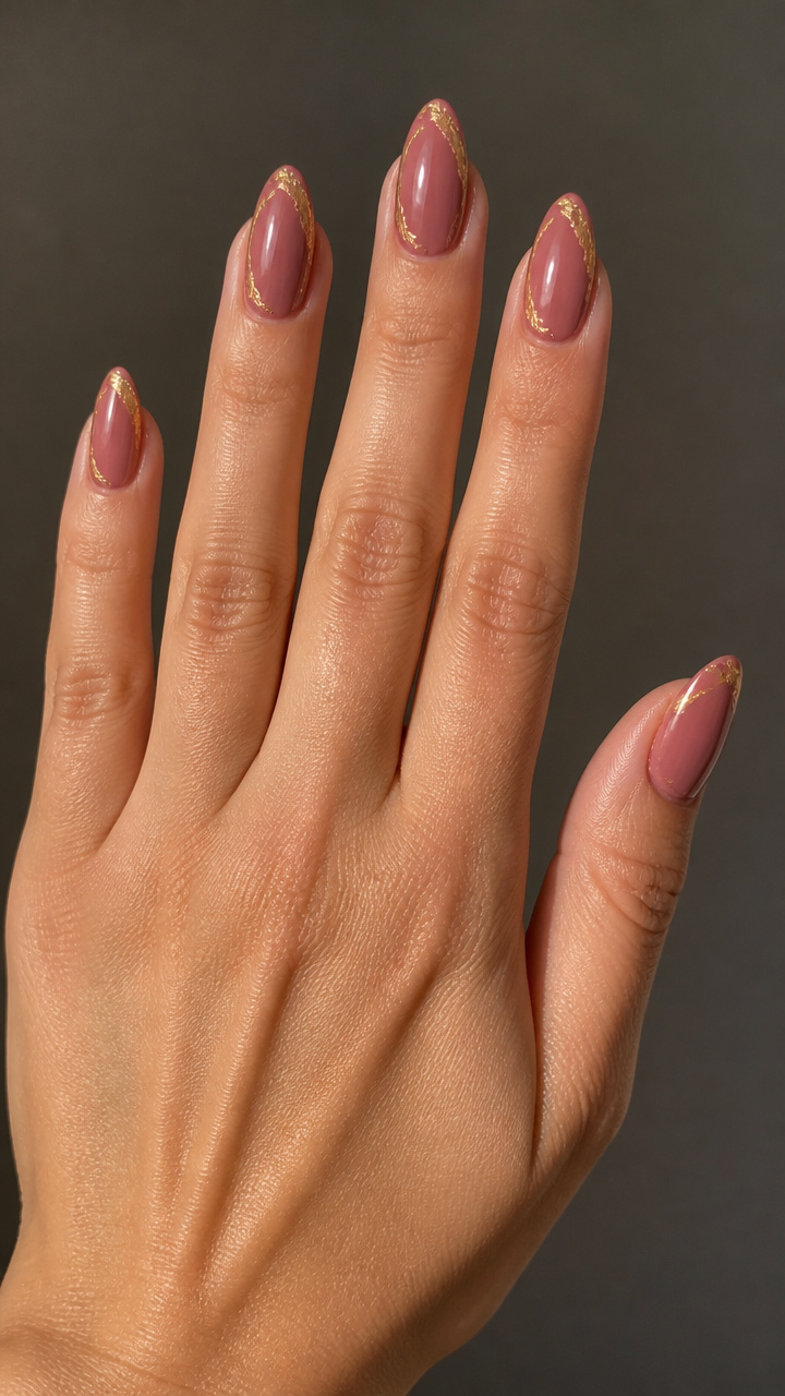 Dusty Rose Almond Tips with Gold Foil