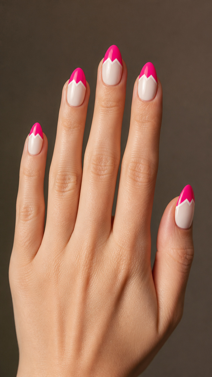 Hot Pink Tips with White Zigzags