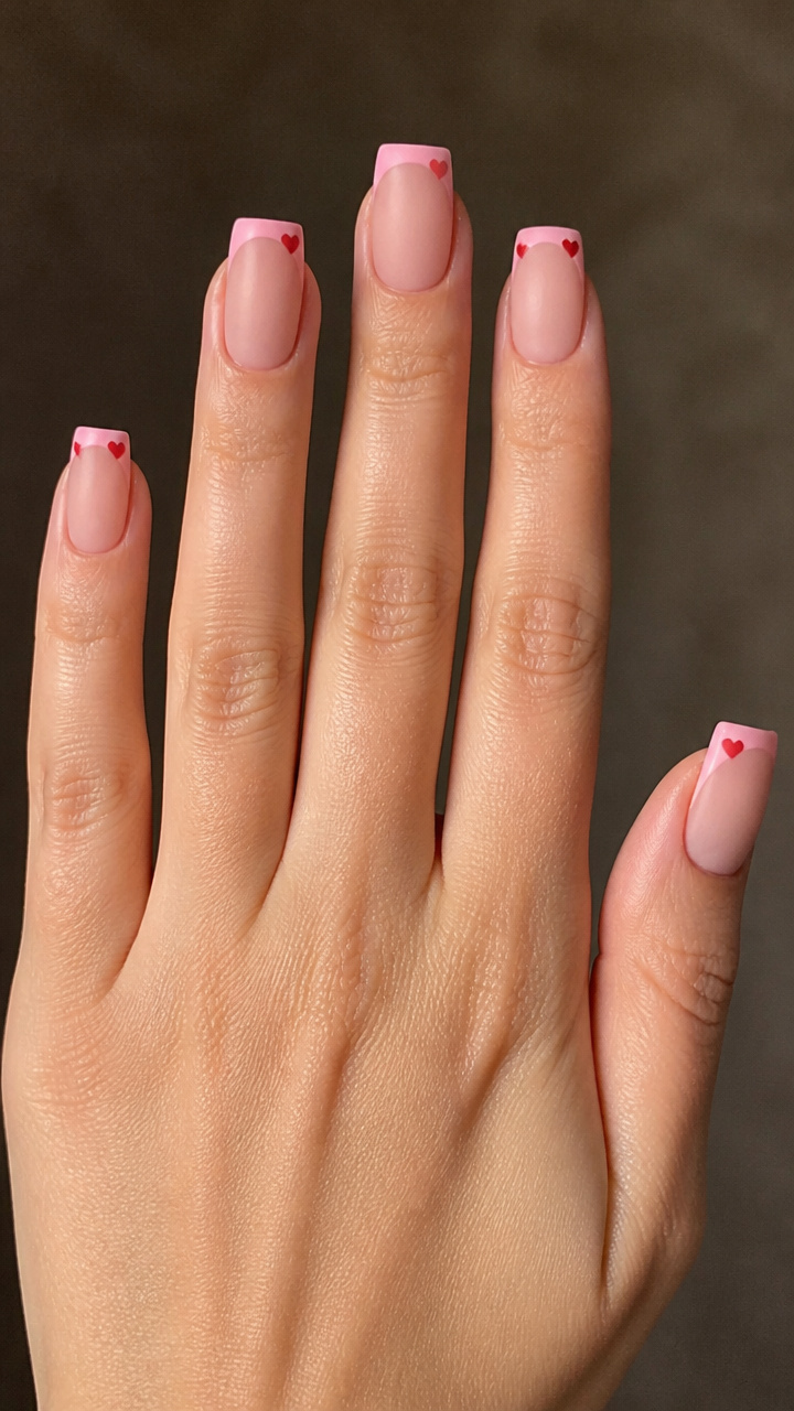 Blush Matte French Tips with Tiny Hearts