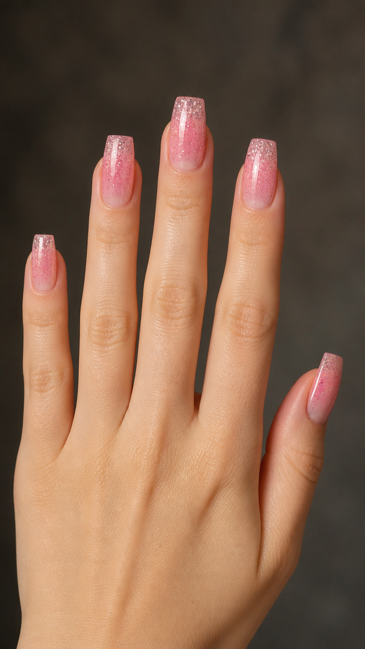 Candy Pink Glitter Gradient on Square Tips